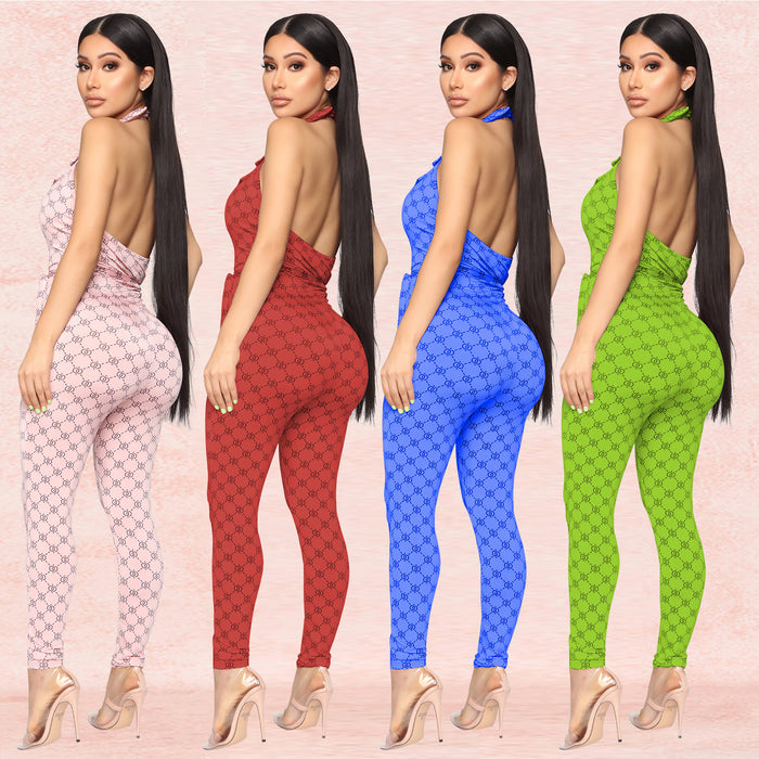 Printed sexy halter jumpsuit women